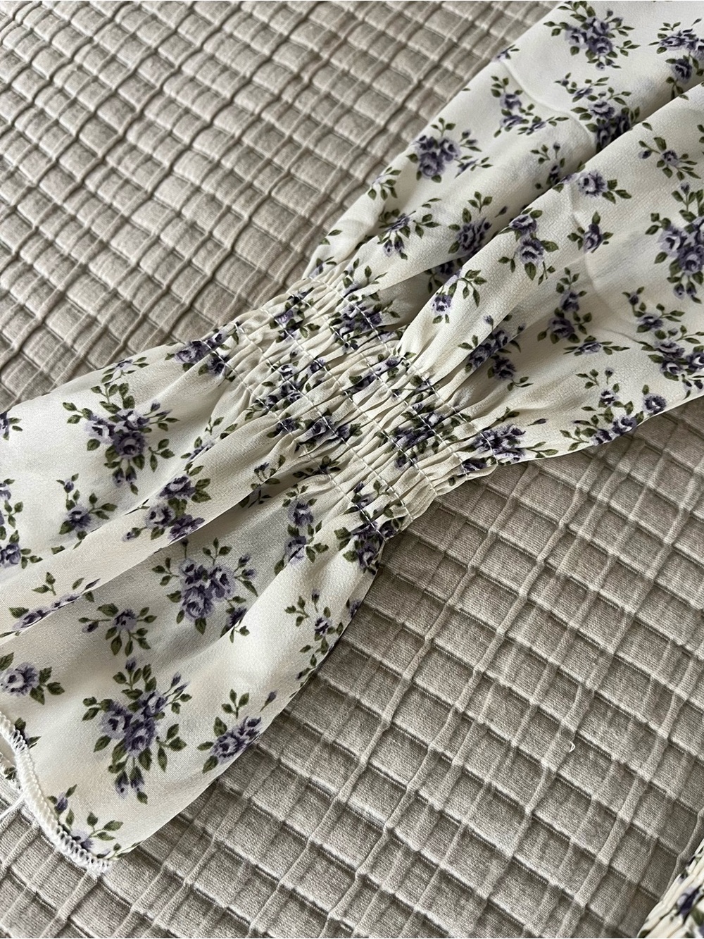 Smocked Floral Long-Sleeve Mini Dress - Cream/Purple - Picture 6 of 9